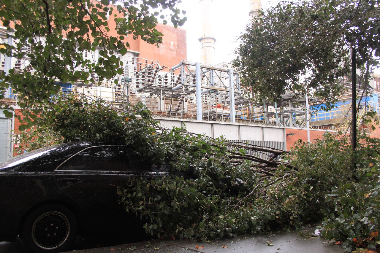 Fallen trees and crushed cars surrounding manhattan's con edison on the lower east side